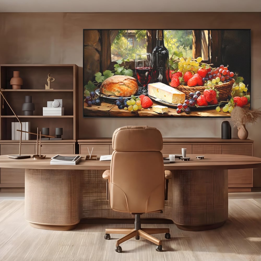 Tablou canvas cu natura moarta cu paine si vin, in rama de aluminiu negru, pe perete intr-un birou